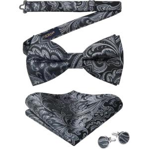 imageHISDERN Bow Ties for Men PreTied Bow Tie Floral Paisley Handkerchief Classic Formal Bowtie and Pocket Square Cufflinks Set08grey