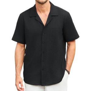 imageHISDERN Mens Casual Button Down Shirt Short Sleeve Cuban Collar Beach Shirts for Men Summer Button Up Guayabera ShirtsAblack