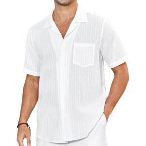 imageHISDERN Mens Casual Button Down Shirt Short Sleeve Cuban Collar Beach Shirts for Men Summer Button Up Guayabera ShirtsBwhite