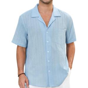 imageHISDERN Mens Casual Button Down Shirt Short Sleeve Cuban Collar Beach Shirts for Men Summer Button Up Guayabera ShirtsCblue