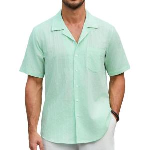 imageHISDERN Mens Casual Button Down Shirt Short Sleeve Cuban Collar Beach Shirts for Men Summer Button Up Guayabera ShirtsDgreen