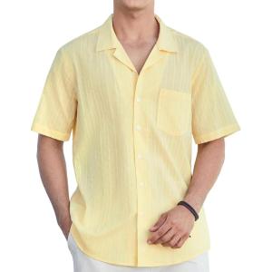 imageHISDERN Mens Casual Button Down Shirt Short Sleeve Cuban Collar Beach Shirts for Men Summer Button Up Guayabera ShirtsEyellow