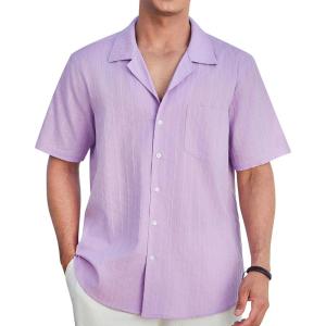 imageHISDERN Mens Casual Button Down Shirt Short Sleeve Cuban Collar Beach Shirts for Men Summer Button Up Guayabera ShirtsFpurple