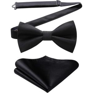 imageHISDERN Mens Bow Ties Solid Color Pre Tied Bowtie and Pocket Square Set Classic Formal Tuxedo Bowties for Wedding Party03black