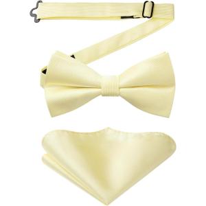 imageHISDERN Mens Bow Ties Solid Color Pre Tied Bowtie and Pocket Square Set Classic Formal Tuxedo Bowties for Wedding Party03yellow 1