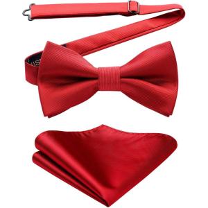 imageHISDERN Mens Bow Ties Solid Color Pre Tied Bowtie and Pocket Square Set Classic Formal Tuxedo Bowties for Wedding Party04red