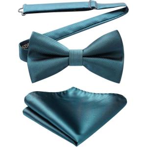 imageHISDERN Mens Bow Ties Solid Color Pre Tied Bowtie and Pocket Square Set Classic Formal Tuxedo Bowties for Wedding Party07green