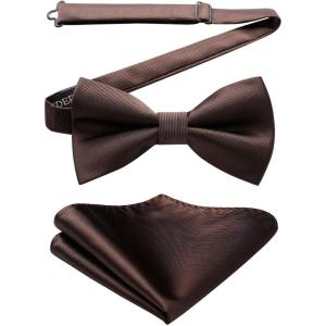imageHISDERN Mens Bow Ties Solid Color Pre Tied Bowtie and Pocket Square Set Classic Formal Tuxedo Bowties for Wedding PartyAbrown