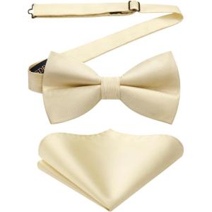 imageHISDERN Mens Bow Ties Solid Color Pre Tied Bowtie and Pocket Square Set Classic Formal Tuxedo Bowties for Wedding PartyBchampagne