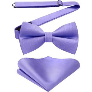 imageHISDERN Mens Bow Ties Solid Color Pre Tied Bowtie and Pocket Square Set Classic Formal Tuxedo Bowties for Wedding PartyBpurple 2