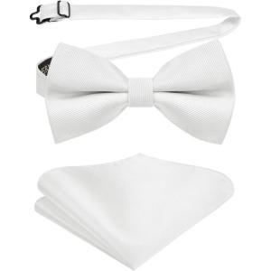 imageHISDERN Mens Bow Ties Solid Color Pre Tied Bowtie and Pocket Square Set Classic Formal Tuxedo Bowties for Wedding PartyBwhite