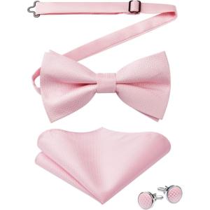 imageHISDERN Bow Ties for Men Solid Mens Bow Tie Pretied Adjustable Bowtie and Pocket Square Cufflinks Set for Wedding Party PromA1light Pink