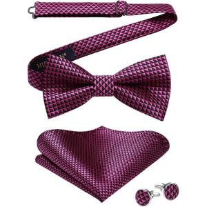 imageHISDERN Bow Ties for Men Solid Mens Bow Tie Pretied Adjustable Bowtie and Pocket Square Cufflinks Set for Wedding Party PromA2hot Pink  Black