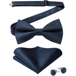 imageHISDERN Bow Ties for Men Solid Mens Bow Tie Pretied Adjustable Bowtie and Pocket Square Cufflinks Set for Wedding Party PromF1navy Blue