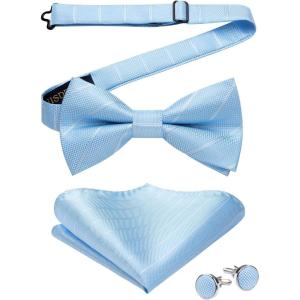 imageHISDERN Bow Ties for Men Solid Mens Bow Tie Pretied Adjustable Bowtie and Pocket Square Cufflinks Set for Wedding Party PromF2light Blue