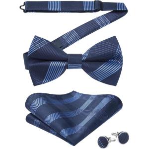 imageHISDERN Bow Ties for Men Solid Mens Bow Tie Pretied Adjustable Bowtie and Pocket Square Cufflinks Set for Wedding Party PromF2navy Blue