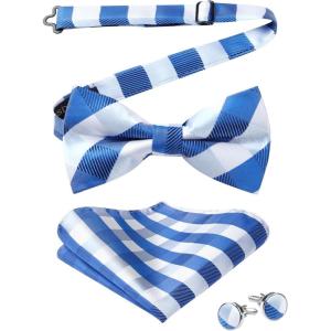 imageHISDERN Bow Ties for Men Solid Mens Bow Tie Pretied Adjustable Bowtie and Pocket Square Cufflinks Set for Wedding Party PromF3white Blue Plaid
