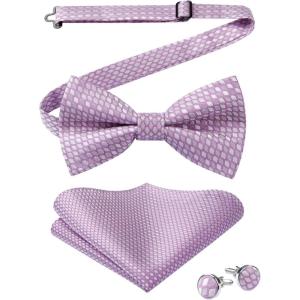 imageHISDERN Bow Ties for Men Solid Mens Bow Tie Pretied Adjustable Bowtie and Pocket Square Cufflinks Set for Wedding Party PromG1lavender