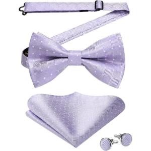 imageHISDERN Bow Ties for Men Solid Mens Bow Tie Pretied Adjustable Bowtie and Pocket Square Cufflinks Set for Wedding Party PromG2 Purple 2