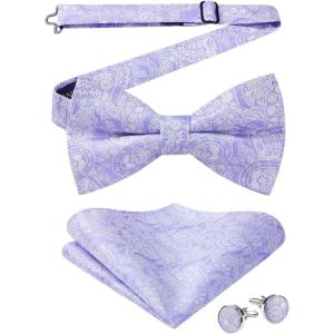imageHISDERN Bow Ties for Men Solid Mens Bow Tie Pretied Adjustable Bowtie and Pocket Square Cufflinks Set for Wedding Party PromG3 Lavender Paisley