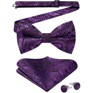 imageHISDERN Bow Ties for Men Solid Mens Bow Tie Pretied Adjustable Bowtie and Pocket Square Cufflinks Set for Wedding Party PromG4 Dark Purple Paisley