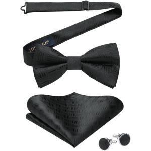 imageHISDERN Bow Ties for Men Solid Mens Bow Tie Pretied Adjustable Bowtie and Pocket Square Cufflinks Set for Wedding Party PromH1black