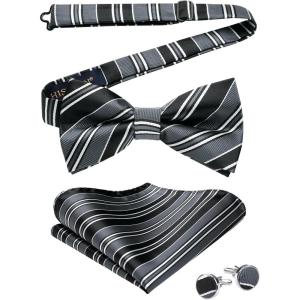 imageHISDERN Bow Ties for Men Solid Mens Bow Tie Pretied Adjustable Bowtie and Pocket Square Cufflinks Set for Wedding Party PromH2black  Grey Striped