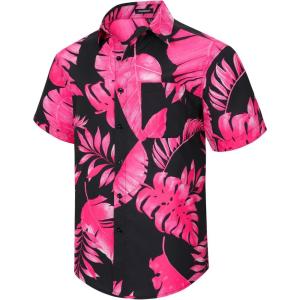 imageHawaiian Shirt for Men Casual Summer Short Sleeve Beach Vacation Aloha Hawaii Button Down Shirt HolidayD1hot Pink Black