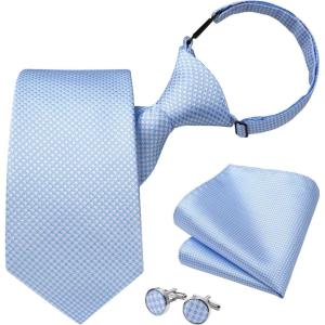 imageHISDERN Pre Tied Ties for Men Paisley Solid Striped Necktie and Pocket Square Cufflinks Set Formal Wedding Neck TieAlight BlueSolid