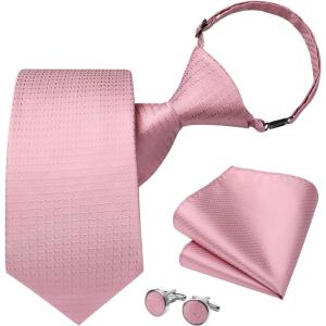 imageHISDERN Pre Tied Ties for Men Paisley Solid Striped Necktie and Pocket Square Cufflinks Set Formal Wedding Neck TieApinkSolid