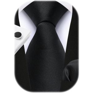 imageHISDERN Pre Tied Ties for Men Paisley Solid Striped Necktie and Pocket Square Cufflinks Set Formal Wedding Neck TieB1blackSolid