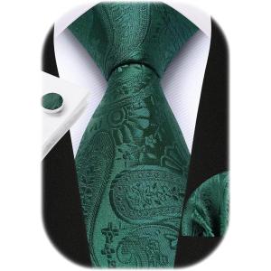 imageHISDERN Pre Tied Ties for Men Paisley Solid Striped Necktie and Pocket Square Cufflinks Set Formal Wedding Neck TieBemerald GreenPaisley