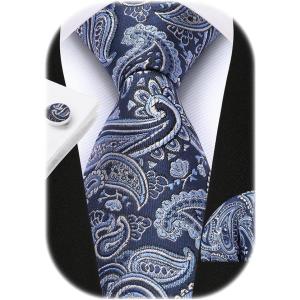 imageHISDERN Pre Tied Ties for Men Paisley Solid Striped Necktie and Pocket Square Cufflinks Set Formal Wedding Neck TieBnavyPaisley