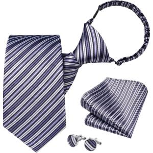 imageHISDERN Pre Tied Ties for Men Paisley Solid Striped Necktie and Pocket Square Cufflinks Set Formal Wedding Neck TieCpurple2Striped