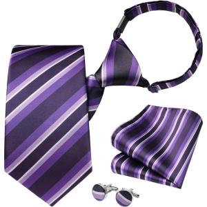 imageHISDERN Pre Tied Ties for Men Paisley Solid Striped Necktie and Pocket Square Cufflinks Set Formal Wedding Neck TieCpurpleStriped