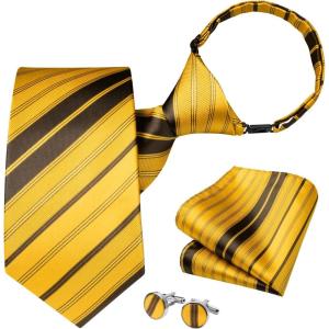 imageHISDERN Pre Tied Ties for Men Paisley Solid Striped Necktie and Pocket Square Cufflinks Set Formal Wedding Neck TieCyellowStriped