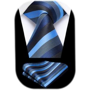 imageHISDERN Mens Tie Striped Ties and Handkerchief Set Business Formal Woven Pocket Square Wedding College Stripe NecktieAblue Black2