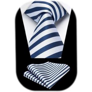 imageHISDERN Mens Tie Striped Ties and Handkerchief Set Business Formal Woven Pocket Square Wedding College Stripe NecktieAnavy Blue White2