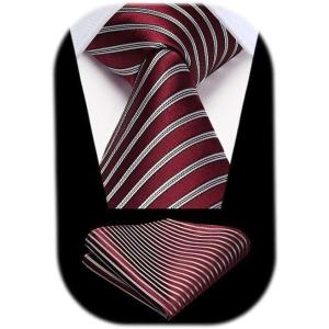 imageHISDERN Mens Tie Striped Ties and Handkerchief Set Business Formal Woven Pocket Square Wedding College Stripe NecktieB Red White