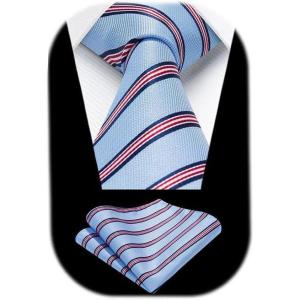 imageHISDERN Mens Tie Striped Ties and Handkerchief Set Business Formal Woven Pocket Square Wedding College Stripe NecktieBblue