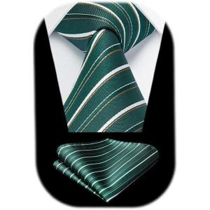 imageHISDERN Mens Tie Striped Ties and Handkerchief Set Business Formal Woven Pocket Square Wedding College Stripe NecktieBgreen3