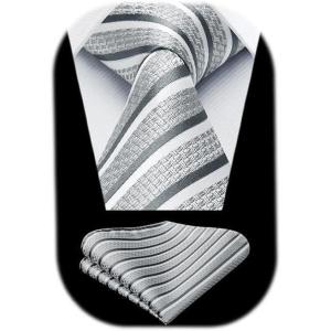 imageHISDERN Mens Tie Striped Ties and Handkerchief Set Business Formal Woven Pocket Square Wedding College Stripe NecktieBgrey White