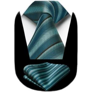 imageHISDERN Mens Tie Striped Ties and Handkerchief Set Business Formal Woven Pocket Square Wedding College Stripe NecktieBteal