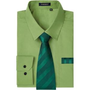 imageHISDERN Mens Dress Shirt with Tie Pocket Square Set Classic Button Down Shirt Matching Tie Long Sleeve ShirtsGreen