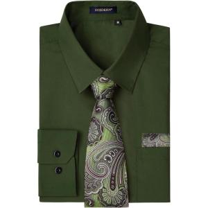 imageHISDERN Mens Dress Shirt with Tie Pocket Square Set Classic Button Down Shirt Matching Tie Long Sleeve ShirtsGreen Army