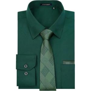 imageHISDERN Mens Dress Shirt with Tie Pocket Square Set Classic Button Down Shirt Matching Tie Long Sleeve ShirtsGreen Forest