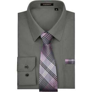 imageHISDERN Mens Dress Shirt with Tie Pocket Square Set Classic Button Down Shirt Matching Tie Long Sleeve ShirtsGrey