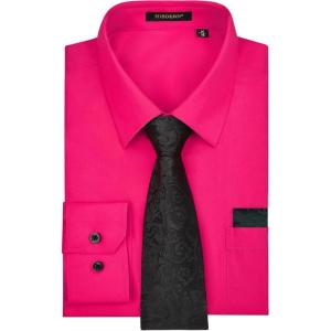 imageHISDERN Mens Dress Shirt with Tie Pocket Square Set Classic Button Down Shirt Matching Tie Long Sleeve ShirtsHot Pink