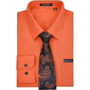 imageHISDERN Mens Dress Shirt with Tie Pocket Square Set Classic Button Down Shirt Matching Tie Long Sleeve ShirtsOrange