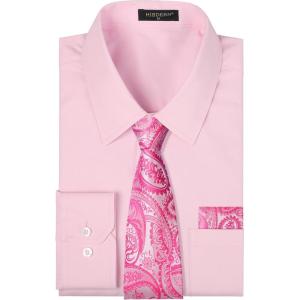 imageHISDERN Mens Dress Shirt with Tie Pocket Square Set Classic Button Down Shirt Matching Tie Long Sleeve ShirtsPink